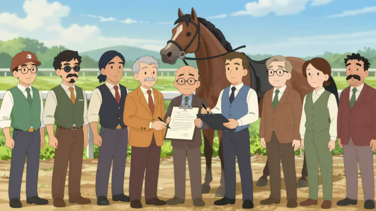 Visual representation of "syndicate" - A group of individuals who pool their resources to jointly purchase something high in value, often involving shares. Commonly used for horse or dog racing teams.