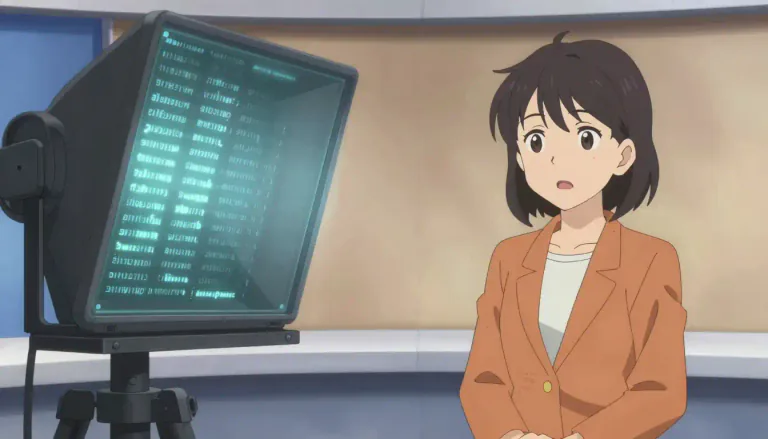 Visual representation of "teleprompter" - A device that displays scrolling text for a person to read out loud, especially used by television presenters and actors.