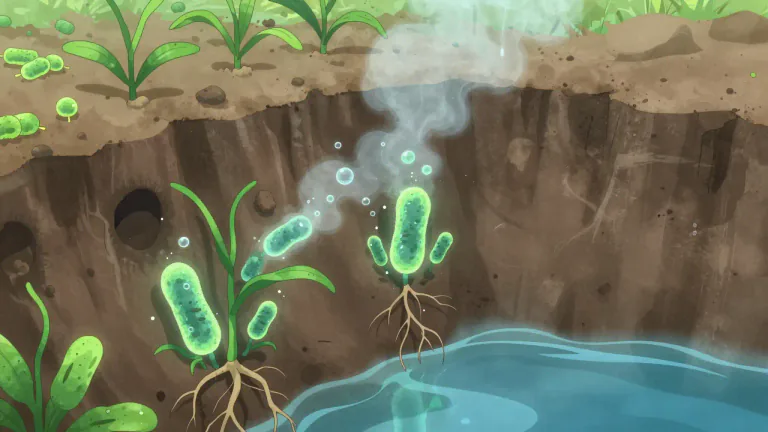 Visual representation of "denitrification" - A process in which nitrates are reduced to nitrogen or nitrogen oxides, commonly by bacteria in soil and water.