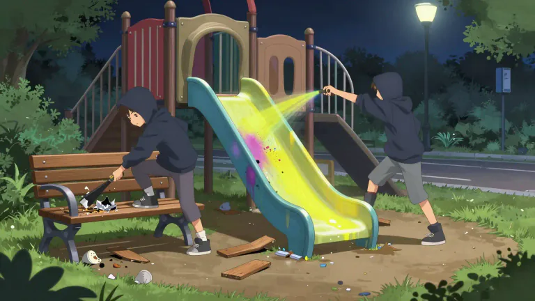 Visual representation of "vandalism" - The action of purposely destroying or damaging properties or public places