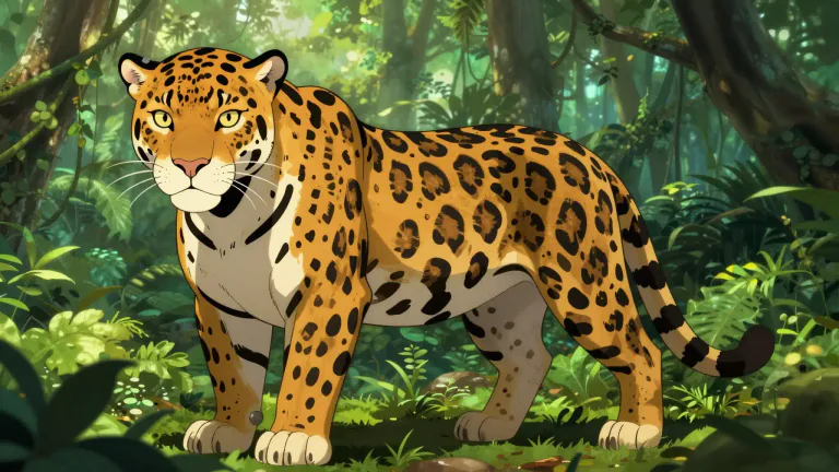 Visual representation of "jaguar" - A large cat that has a yellow-brown coat with black spots, found mainly in the forests of South and Central America.