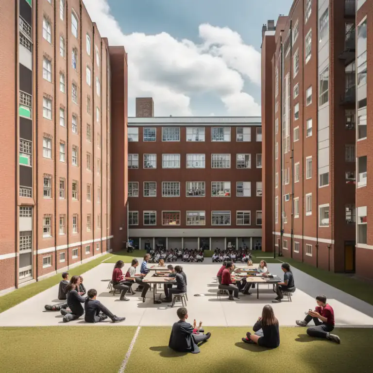 Visual representation of "quadrangle" - An area surrounded by buildings on four sides, especially in a college or school.