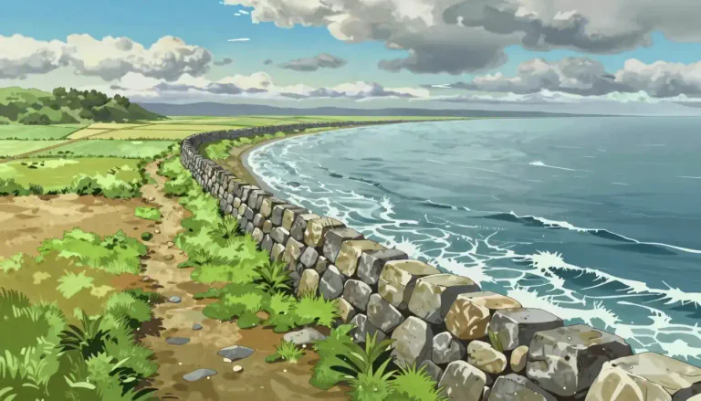 Visual representation of "dyke" - A wall built to prevent water from flooding an area
