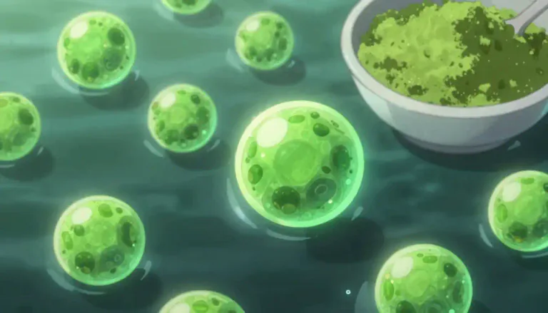 Visual representation of "chlorella" - Chlorella is a type of single-celled green algae that is often consumed as a dietary supplement because it is high in vitamins, minerals, and antioxidants.