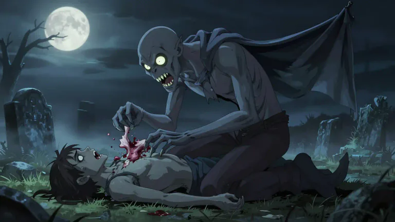 Visual representation of "ghoul" - an evil spirit or monster in folklore and horror stories, often shown as eating human flesh