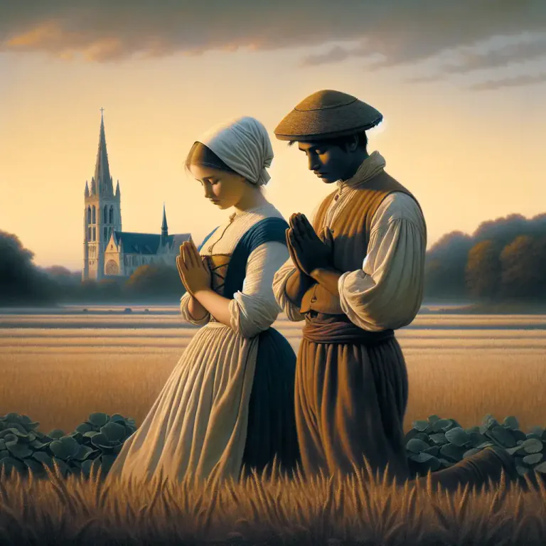 Visual representation of "angelus" - A famous painting by French artist Jean-François Millet which illustrates peasants pausing in their work to say the Angelus prayer.