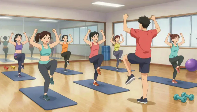 Visual representation of "aerobics" - A fitness exercise that combines rhythmic physical activity with stretching and strength training routines.