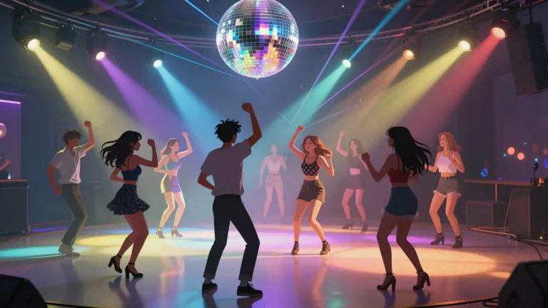 Visual representation of "disco" - A place with music and lights where people go to dance, usually at night.