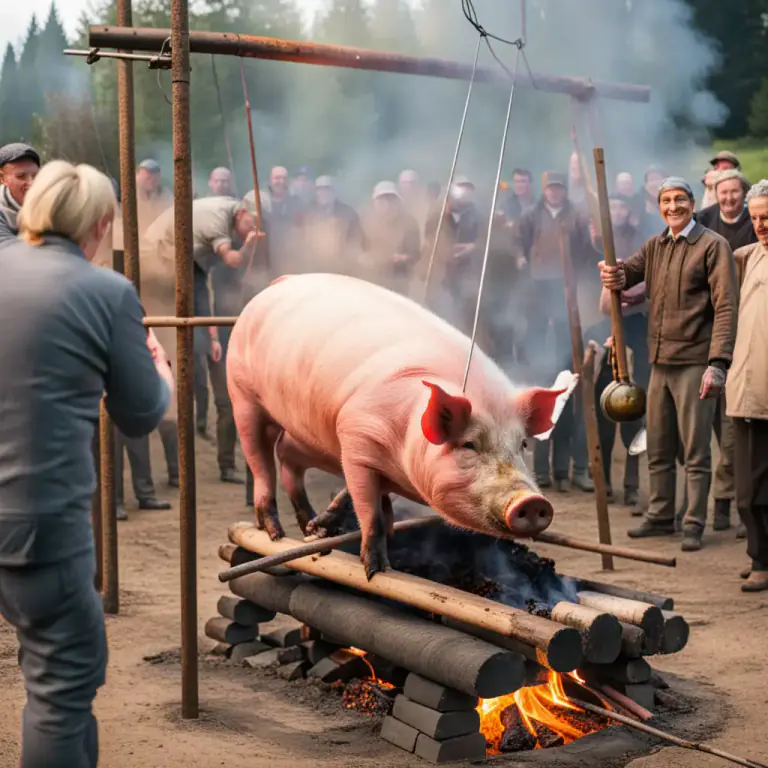 Visual representation of "spit" - To cook something by turning it on a long piece of metal over a fire