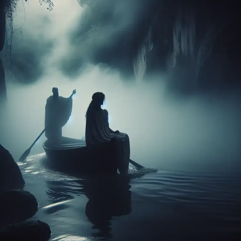 Visual representation of "stygian" - Relating to the river Styx, a mythological river in Hades (the underworld in Greek mythology)