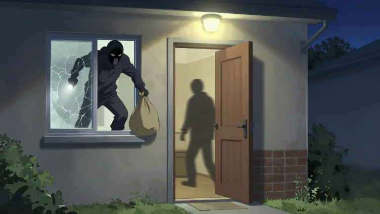 Visual representation of "burgle" - To illegally enter a house or other building in order to steal things