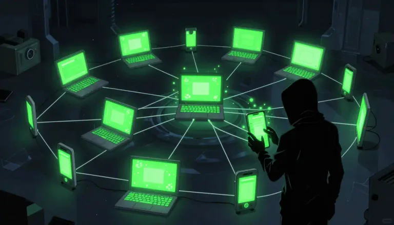 Visual representation of "botnet" - A botnet is a collection of internet-connected devices, such as computers, that have been infected with malware and are controlled as a group, often to carry out malicious activities.
