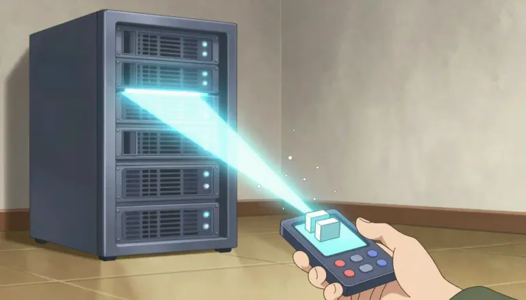 Visual representation of "download" - A file that has been moved from a bigger system to a smaller one.