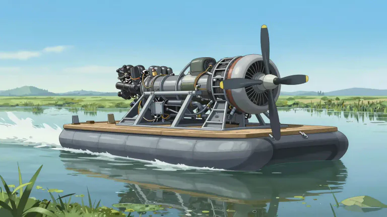 Visual representation of "airboat" - A large, flat-bottomed boat that is powered by an aircraft engine and is designed to travel over shallow water.