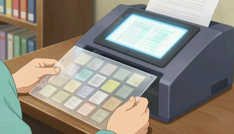 Visual representation of "microfiche" - A microfiche is a flat piece of film with small photographs of documents, used for storing large amounts of information.