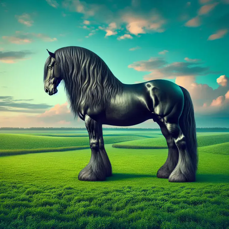 Visual representation of "frisian" - A breed of horse originating from Friesland, a region in the northwest of the Netherlands. Known for its black color and long, flowing mane and tail.