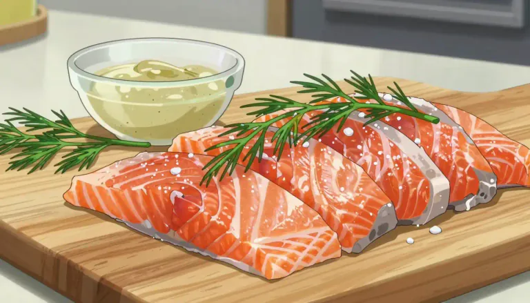 Visual representation of "gravlax" - Gravlax is a Scandinavian dish consisting of raw salmon that has been cured with a mixture of salt, sugar, and dill.