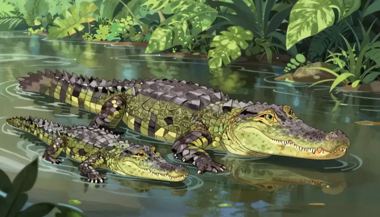 Visual representation of "caiman" - A large reptile that lives in the rivers and lakes of Central and South America. It looks like a smaller version of a crocodile.