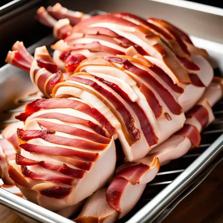 Visual representation of "bard" - A thin slice of bacon or fat used to cover another food to keep it moist while cooking.