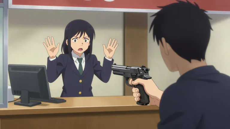 Visual representation of "gunpoint" - The situation in which someone is threatened with a gun and required to comply with demands.