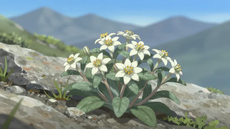 Visual representation of "edelweiss" - A plant with small white star-shaped flowers and woolly leaves, native to mountainous areas of Europe and Asia.