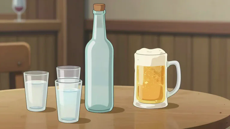 Visual representation of "alcohol" - A clear liquid that is used in drinks like beer and wine and can make you drunk.