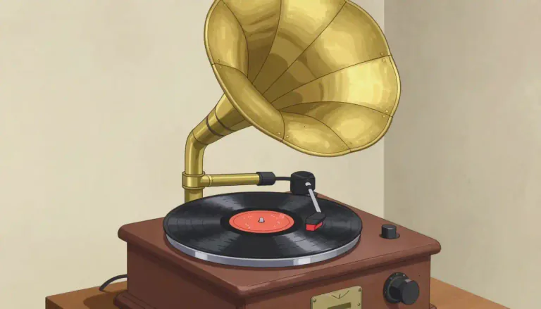 Visual representation of "gramophone" - A device that plays recorded music by means of a needle tracing grooves on a rotating disc.
