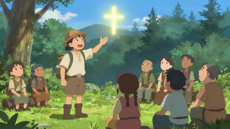 Visual representation of "evangelize" - To tell people about a particular religion, especially Christianity, in order to convert them.