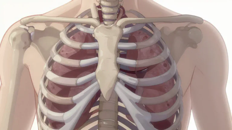 Visual representation of "ribcage" - The ribcage consists of the ribs, which are curved bones that form a protective enclosure around vital organs.