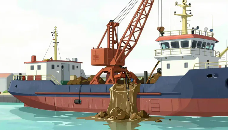 Visual representation of "dredger" - A boat or machine that removes unwanted substances and materials from the bottom of the sea, river or other body of water.