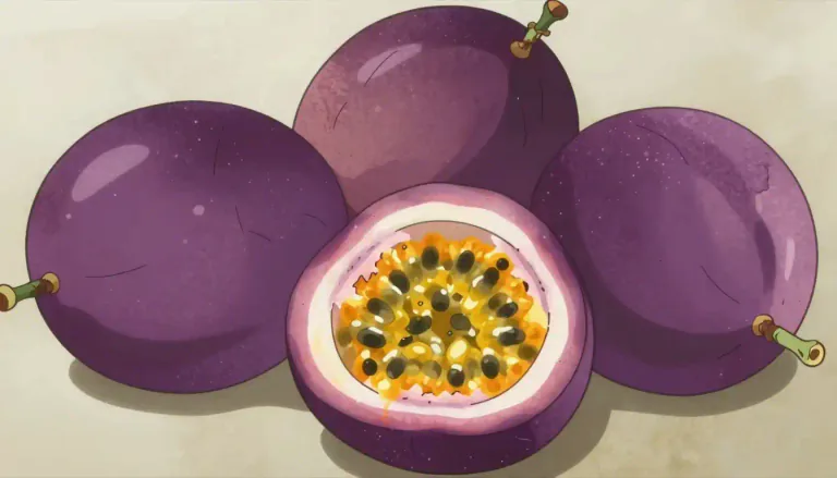 Visual representation of "passionfruit" - A tropical fruit that is round or oval, usually purple or yellow, known for its juicy interior filled with seeds.