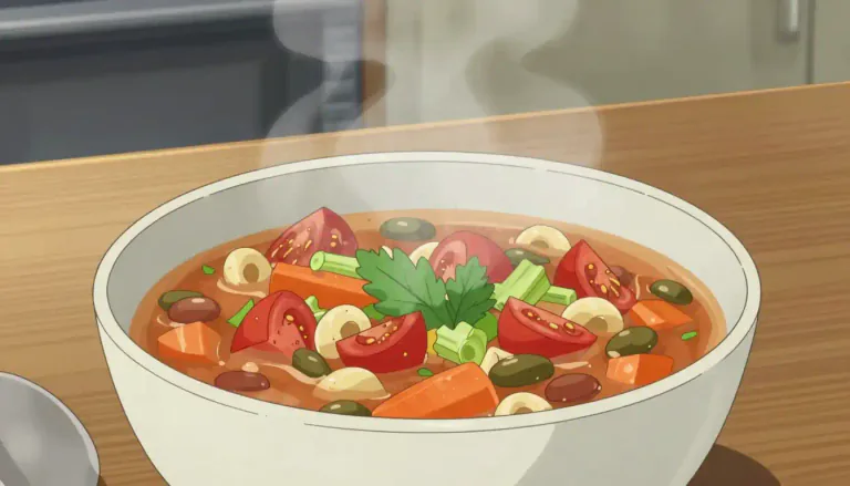 Visual representation of "minestrone" - A thick soup made with vegetables, beans, and often pasta, originating from Italy.