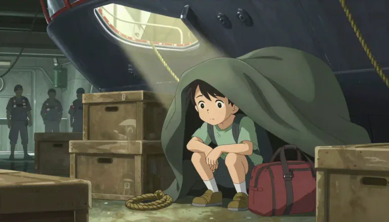 Visual representation of "stowaway" - A person who hides on a ship, aircraft, or other vehicle to travel without paying or being noticed