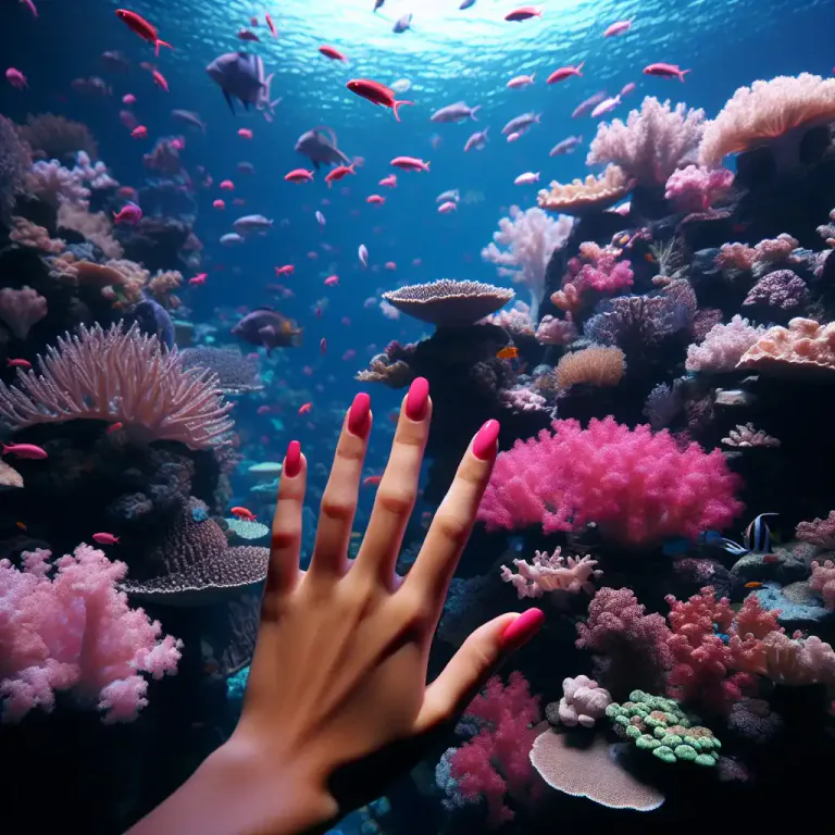 Visual representation of "coral" - Relating to the corals or coral reefs, or the color resembling that of red or pink coral.