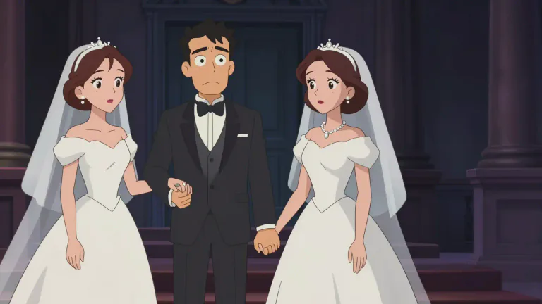 Visual representation of "bigamous" - Married to two people at the same time, which is illegal