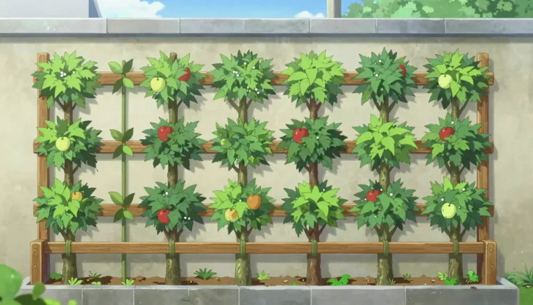 Visual representation of "espalier" - A tree or plant that is made flat and few branches, usually by tying and pruning, and is grown against a wall or frame.