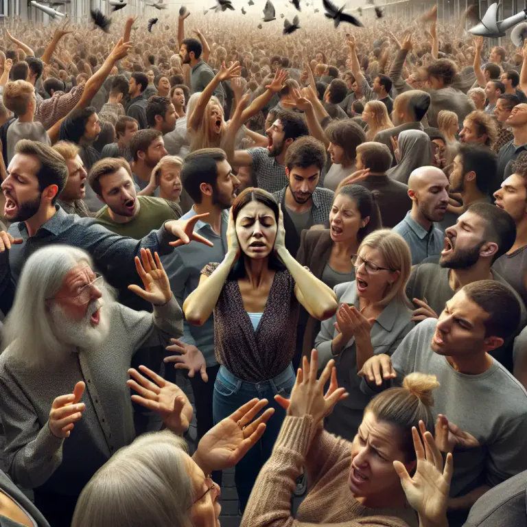 Visual representation of "hubbub" - A loud noise from talking or shouting.