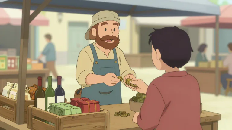 Visual representation of "merchant" - A person who buys and sells goods to earn money