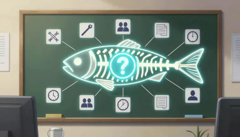 Visual representation of "fishbone" - A diagram used in quality management to identify potential causes of problems.