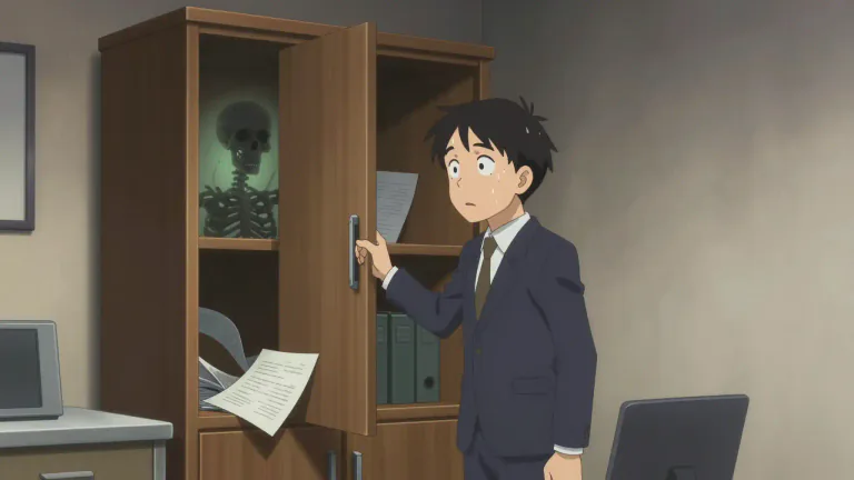 Visual representation of "a skeleton in the cupboard" - A secret from your past that could embarrass or upset you if other people knew about it.