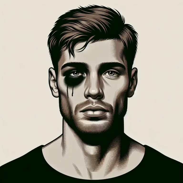 Visual representation of "shiner" - A black eye or bruise caused by a blow.
