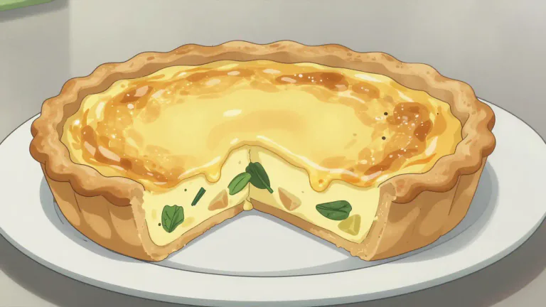 Visual representation of "quiche" - A type of pie filled with egg, cheese, vegetables, and sometimes meat
