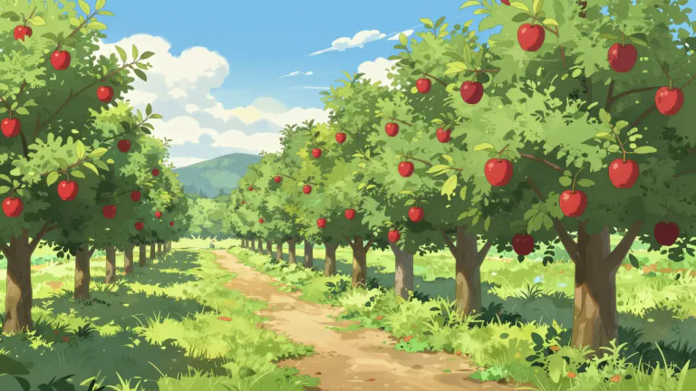 Visual representation of "orchard" - A piece of land where fruit trees are grown.