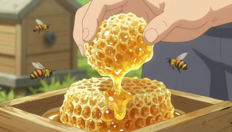 Visual representation of "wax" - A sticky substance that comes from bees, used to make candles and other things