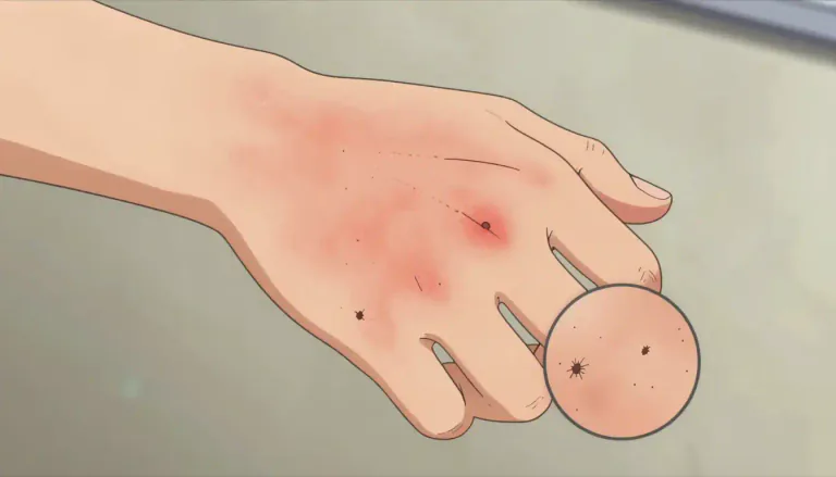Visual representation of "scabies" - A skin disease caused by tiny insects called mites, which cause intense itching and red spots