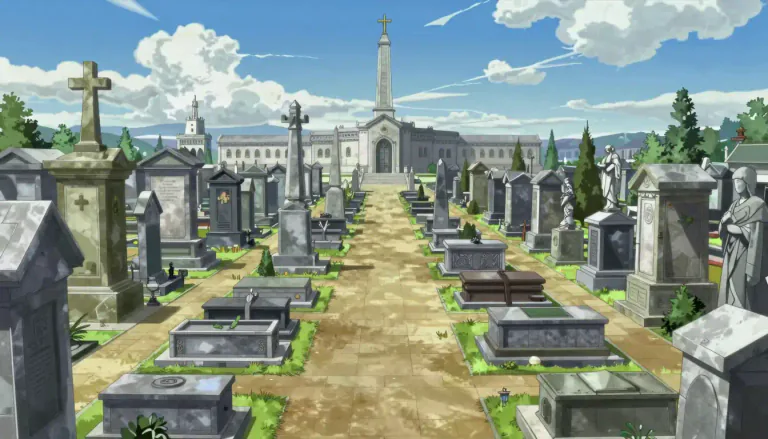 Visual representation of "necropolis" - A large, designed cemetery with elaborate tomb monuments.