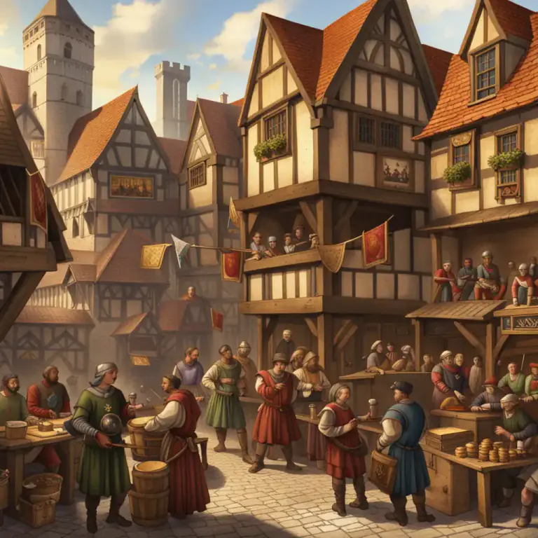 Visual representation of "guild" - A medieval association of craftsmen or merchants, often having considerable power