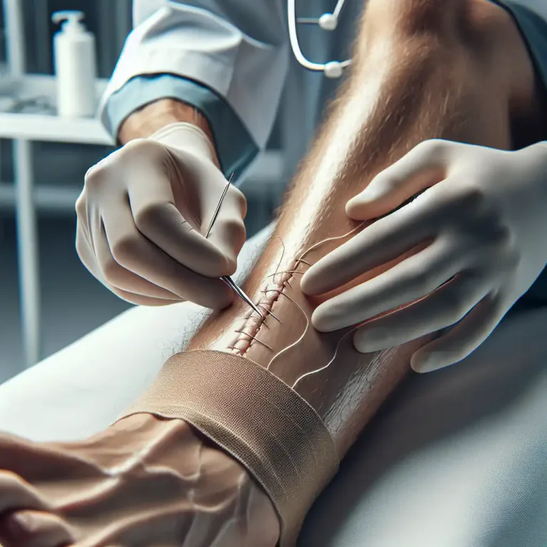 Visual representation of "suture" - To sew up a wound or part of the body using sutures