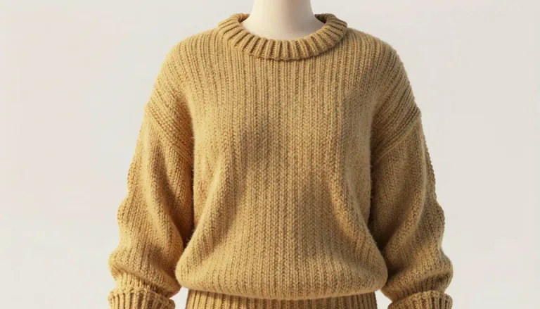 Visual representation of "jumper" - A knitted piece of clothing made of wool or cotton for the upper part of the body, with long sleeves. Also known as a sweater or pullover in American English.