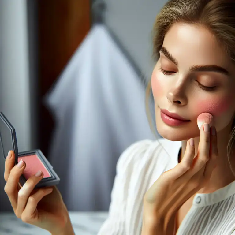 Visual representation of "blush" - A pink color in cosmetics used to give color to the cheeks.